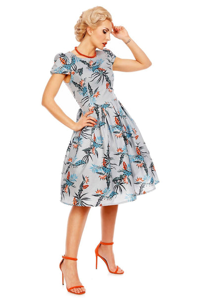 Vanessa Classic Feather Floral Swing Dress in Blue