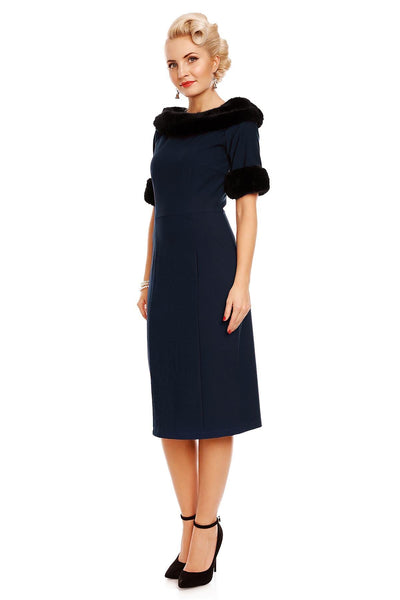 Venus Van Chic - Valerie Faux Fur Fitted Dress in Navy Blue