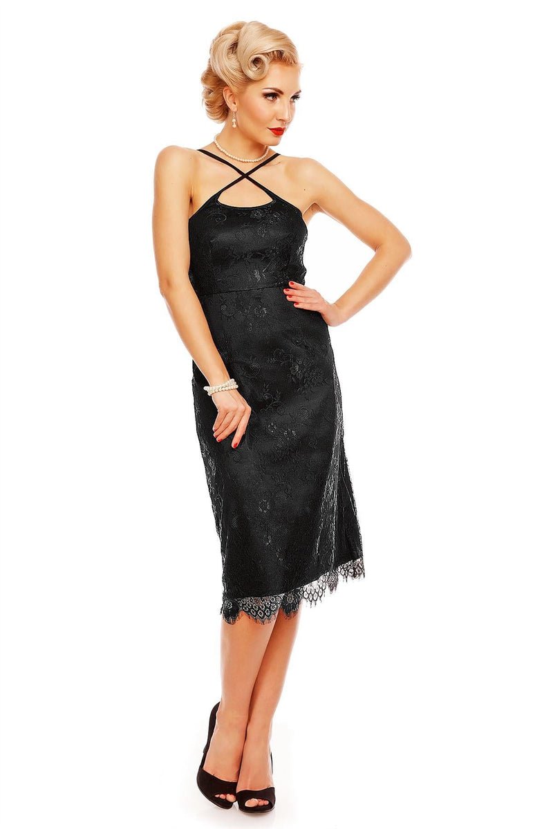 Norma Cross over Strap Floral Lace Dress in Black