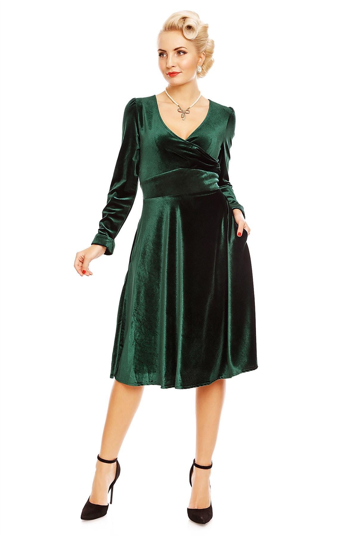Katherine Long Sleeve Swing Dress in Velvet Green