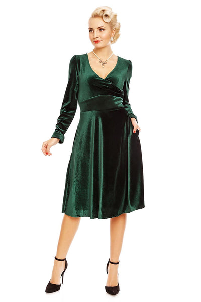 Katherine Long Sleeve Swing Dress in Velvet Green