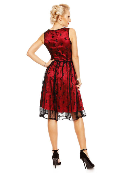 Annie Retro Lace Bow Print Swing Dress in Red-Black