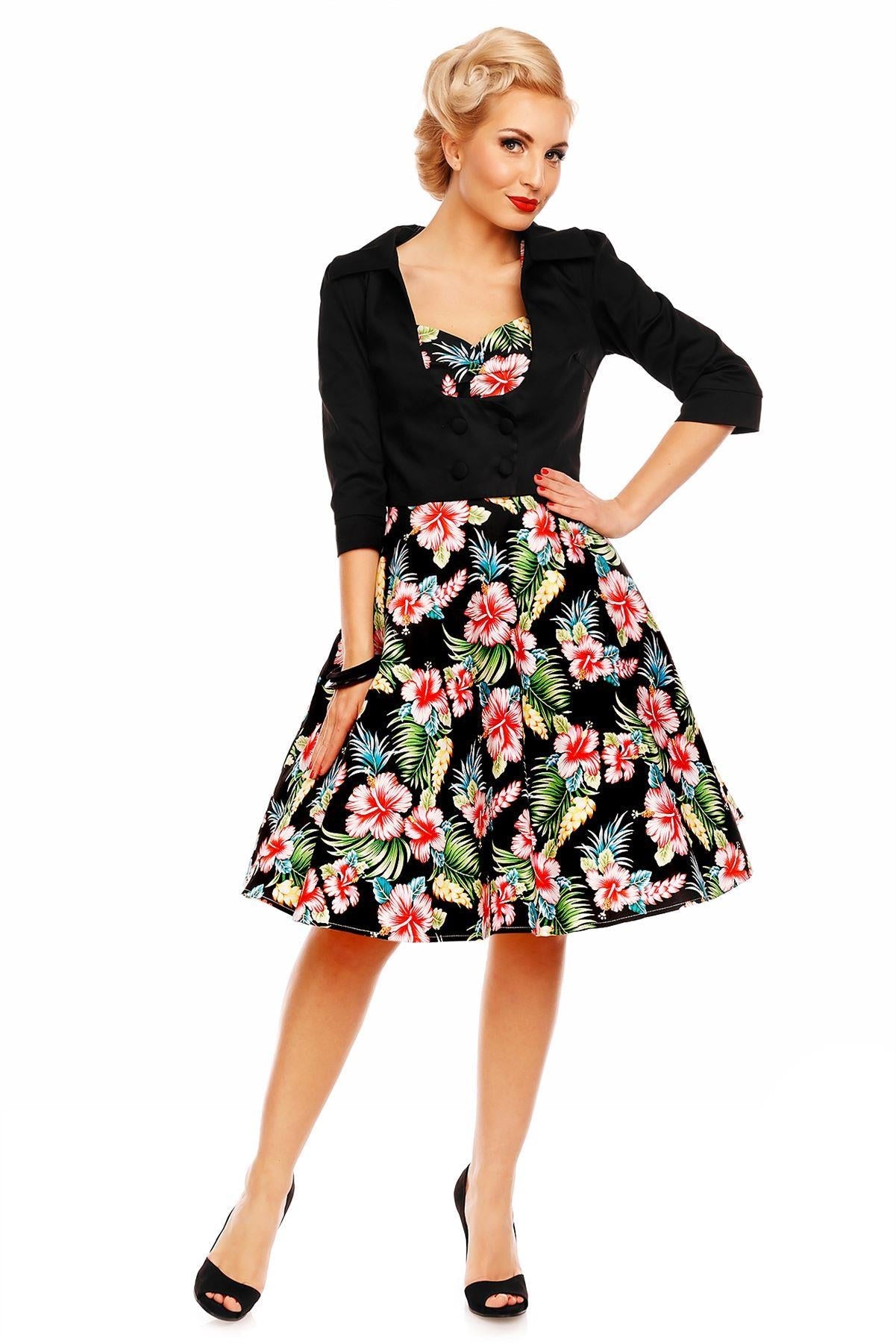 Natalie Retro Floral Swing Dress in Black Orchid