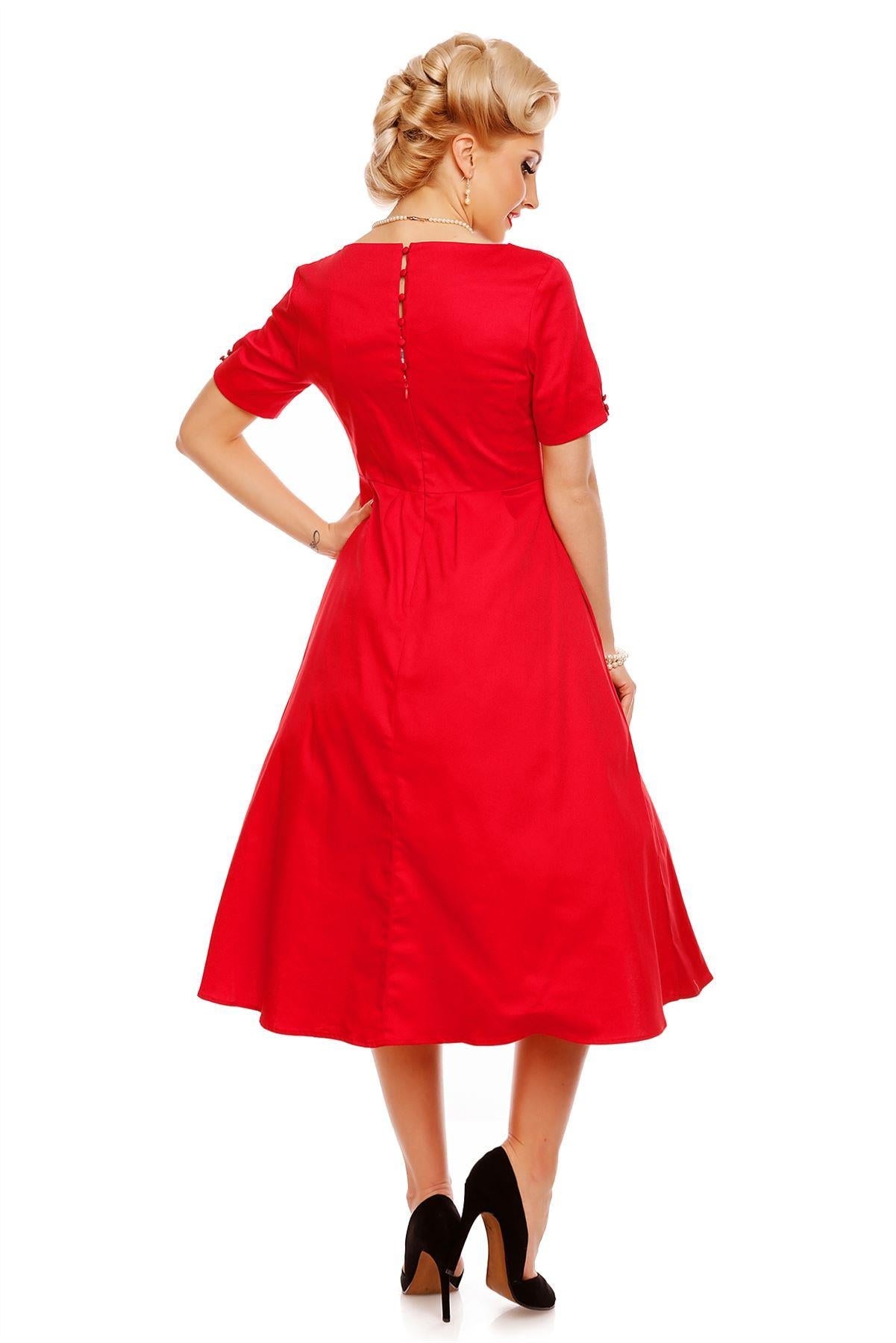 Florence Classic Swing Dress With Sleeves In Plain Red