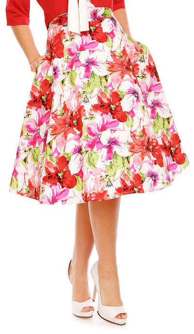 Blossom Pocketed Floral Flared Skirt in White-Pink