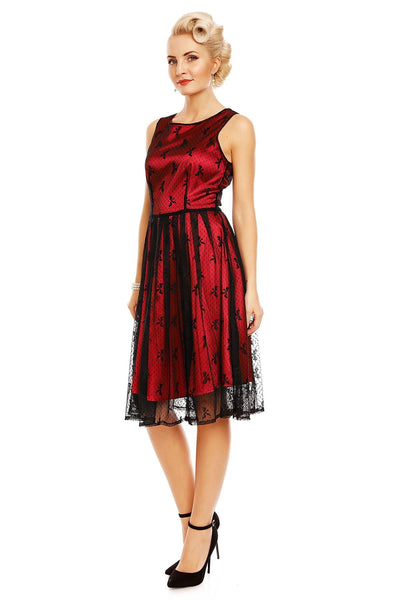 Annie Retro Lace Bow Print Swing Dress in Red-Black