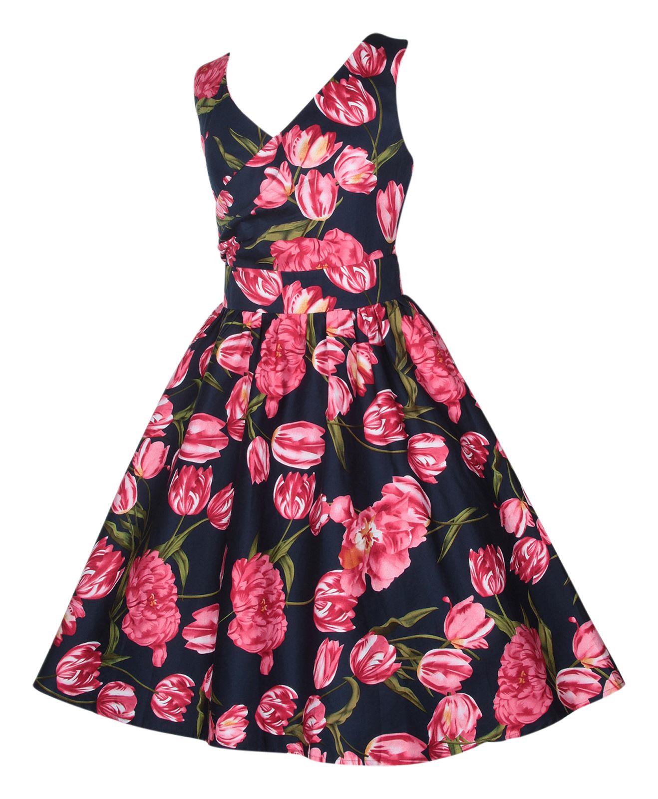 May V-neck Tulip Floral Swing Dress in Navy/Pink