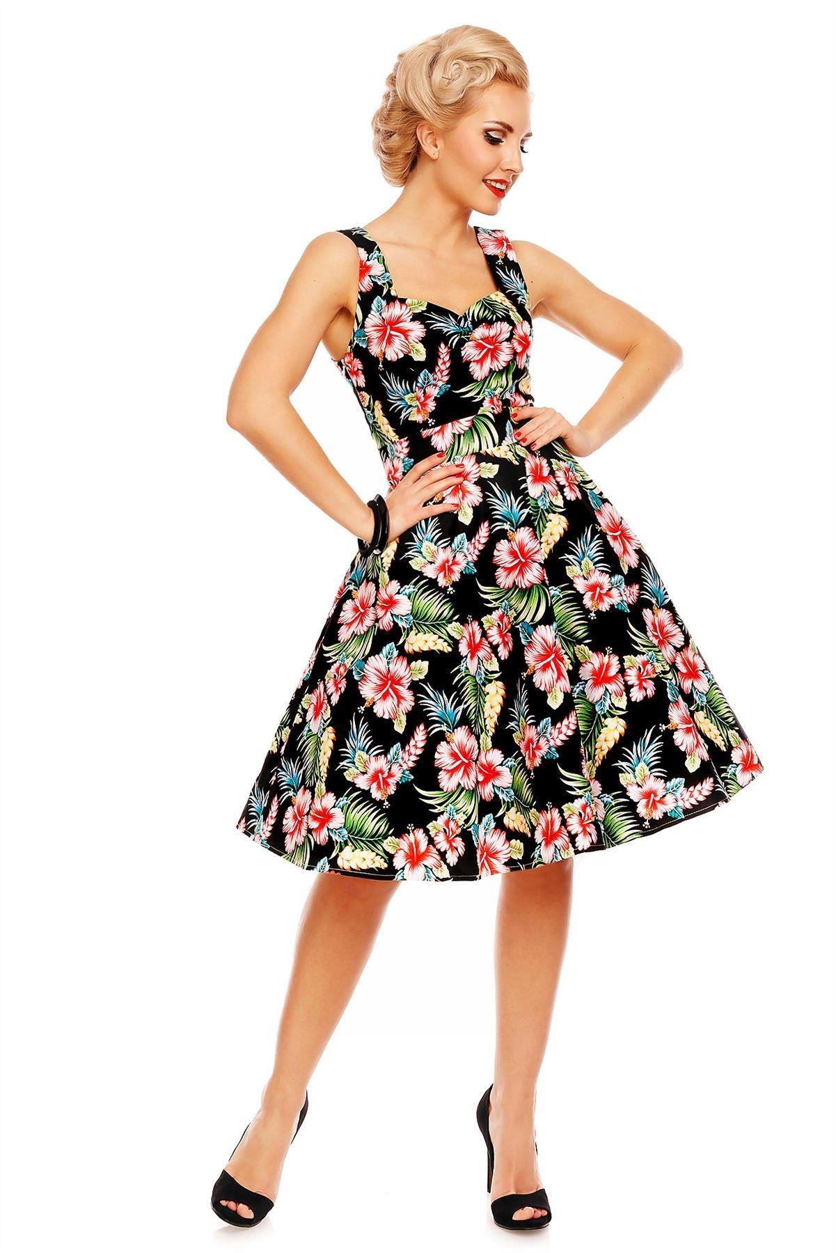Natalie Retro Floral Swing Dress in Black Orchid