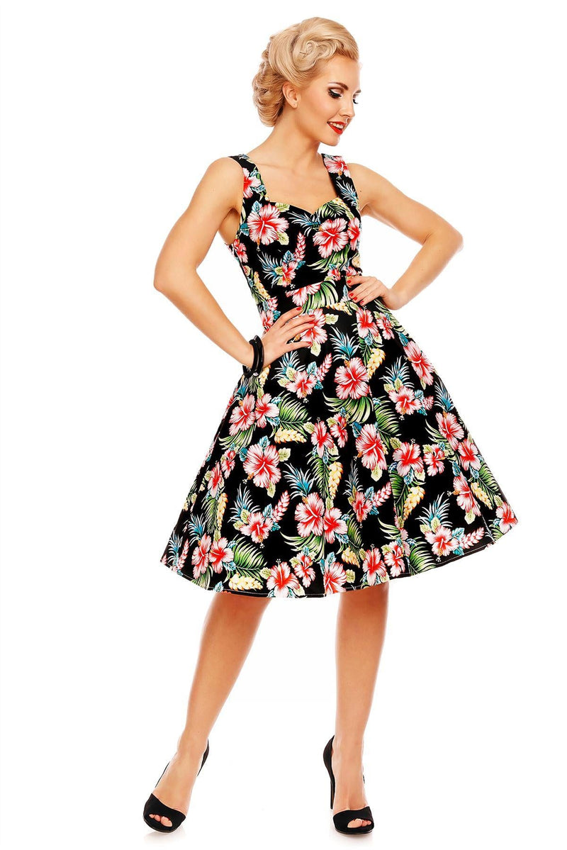 Natalie Retro Floral Swing Dress in Black Orchid