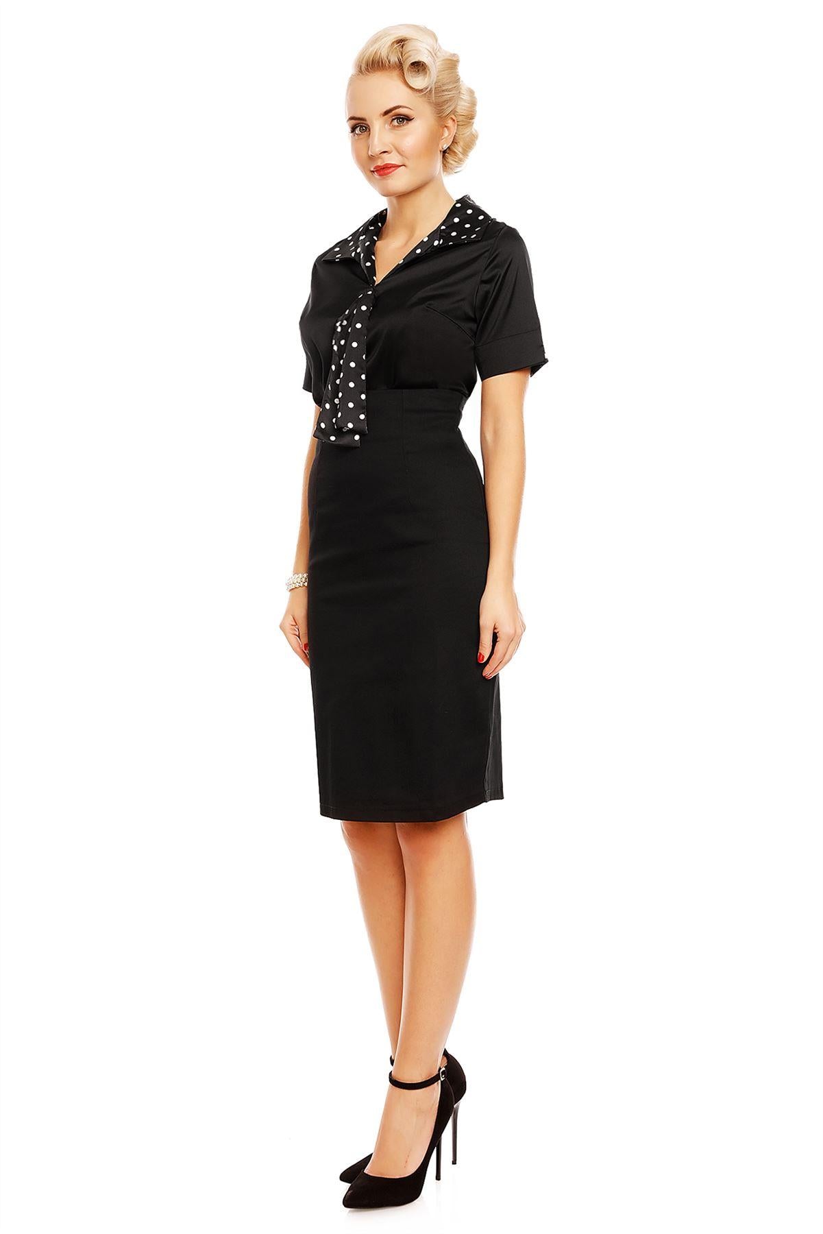 Ruby Short Sleeve Tie Blouse in Black Polka