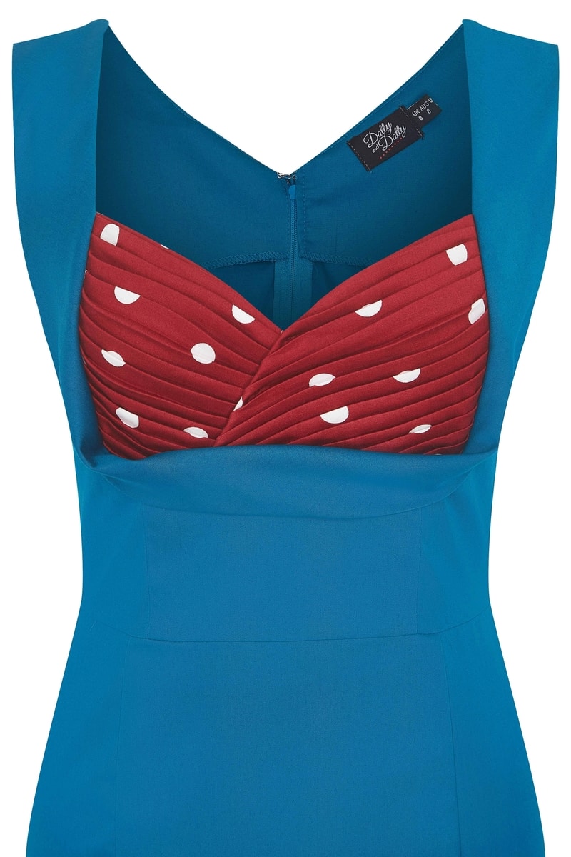 Georgette Wiggle Dress Peacock Blue & Burgundy/White Polka
