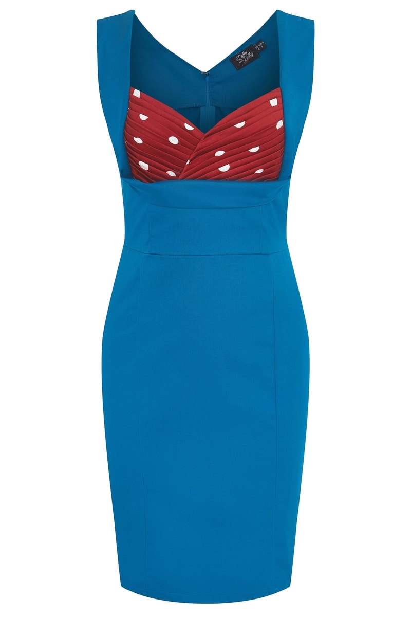Georgette Wiggle Dress Peacock Blue & Burgundy/White Polka
