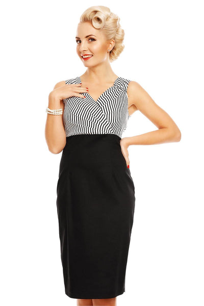 Cheryl Fitted Striped Vintage Pencil Dress in Black-White