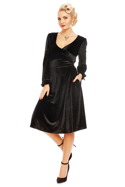 Katherine Swing Dress With Long Sleeves in Black Velvet