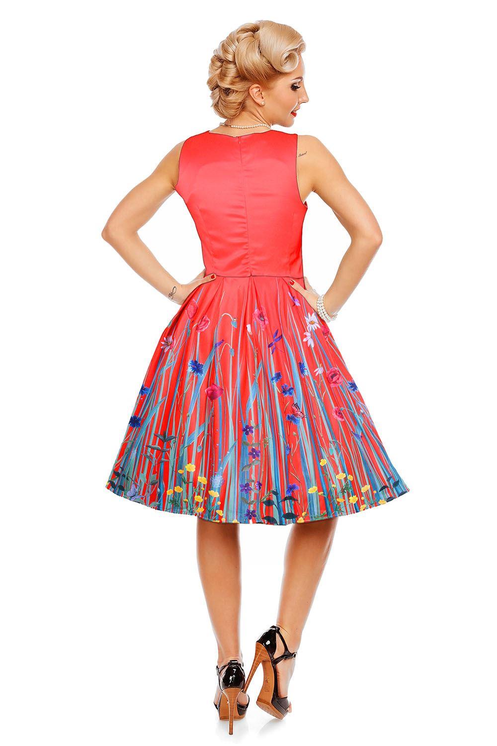 Annie Retro Meadow Floral Print Swing Dress in Red