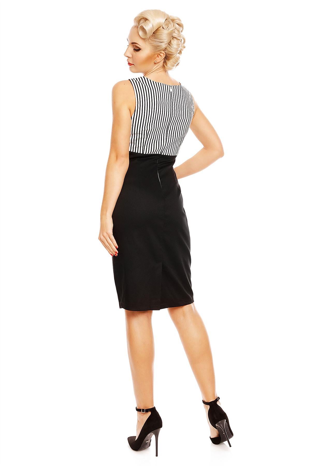 Cheryl Fitted Striped Vintage Pencil Dress in Black-White