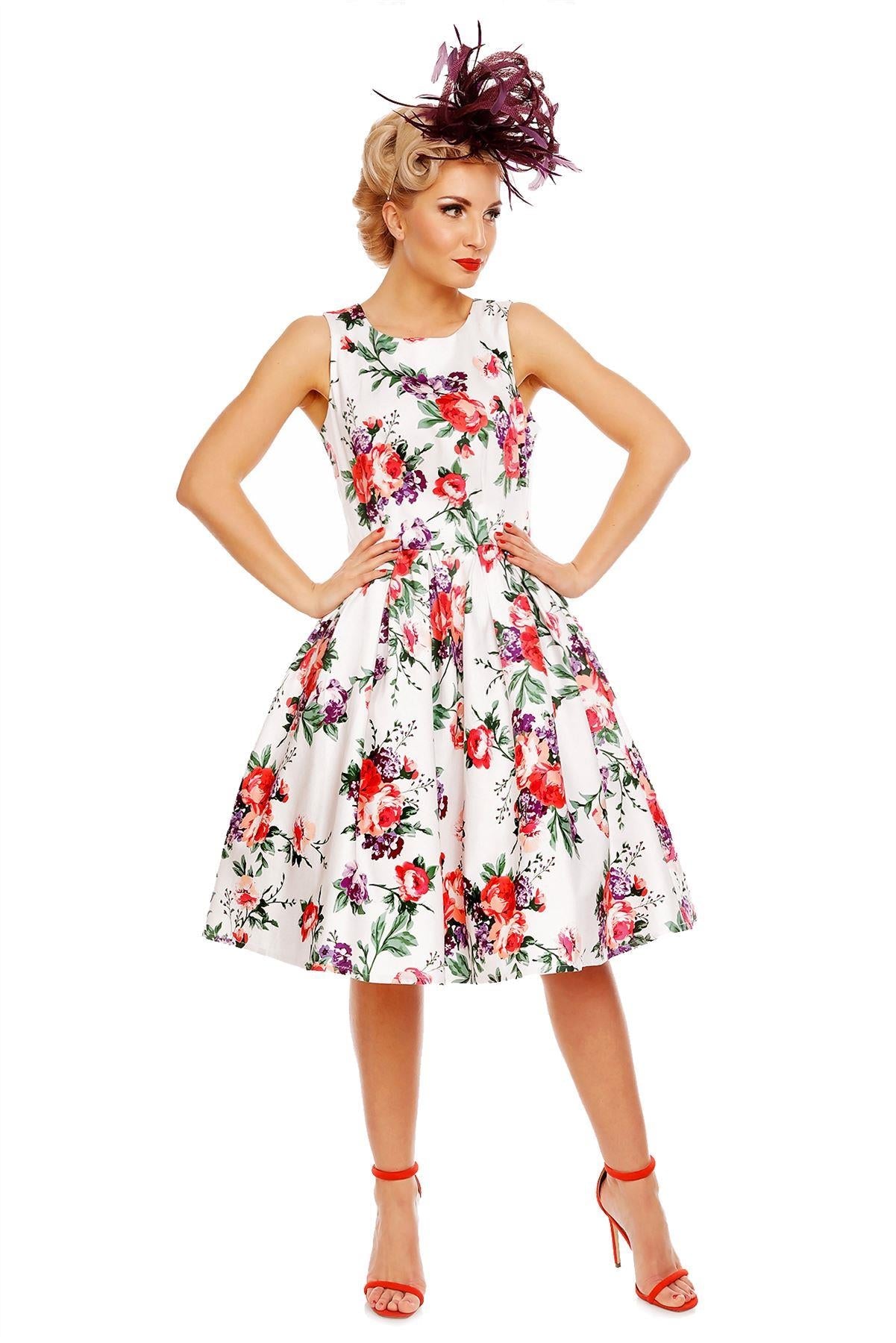 Retro Floral Swing Dress in White