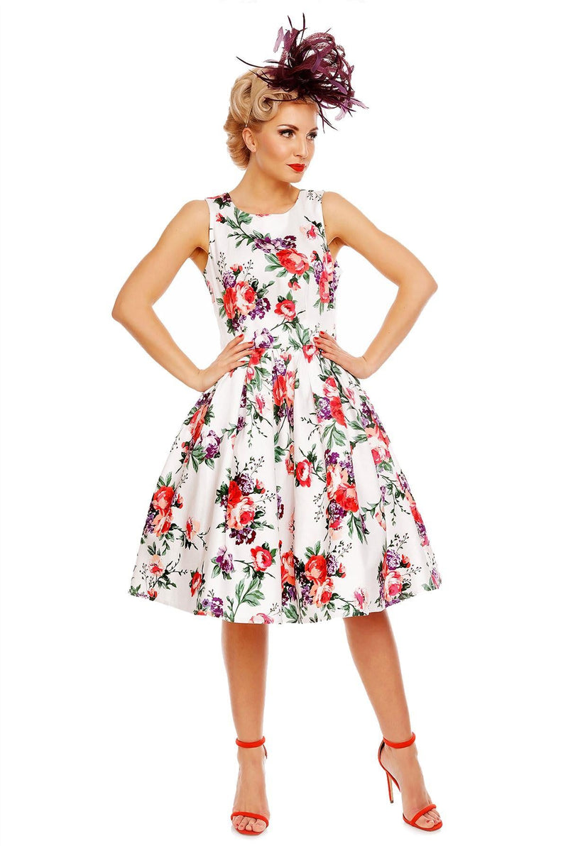Retro Floral Swing Dress in White