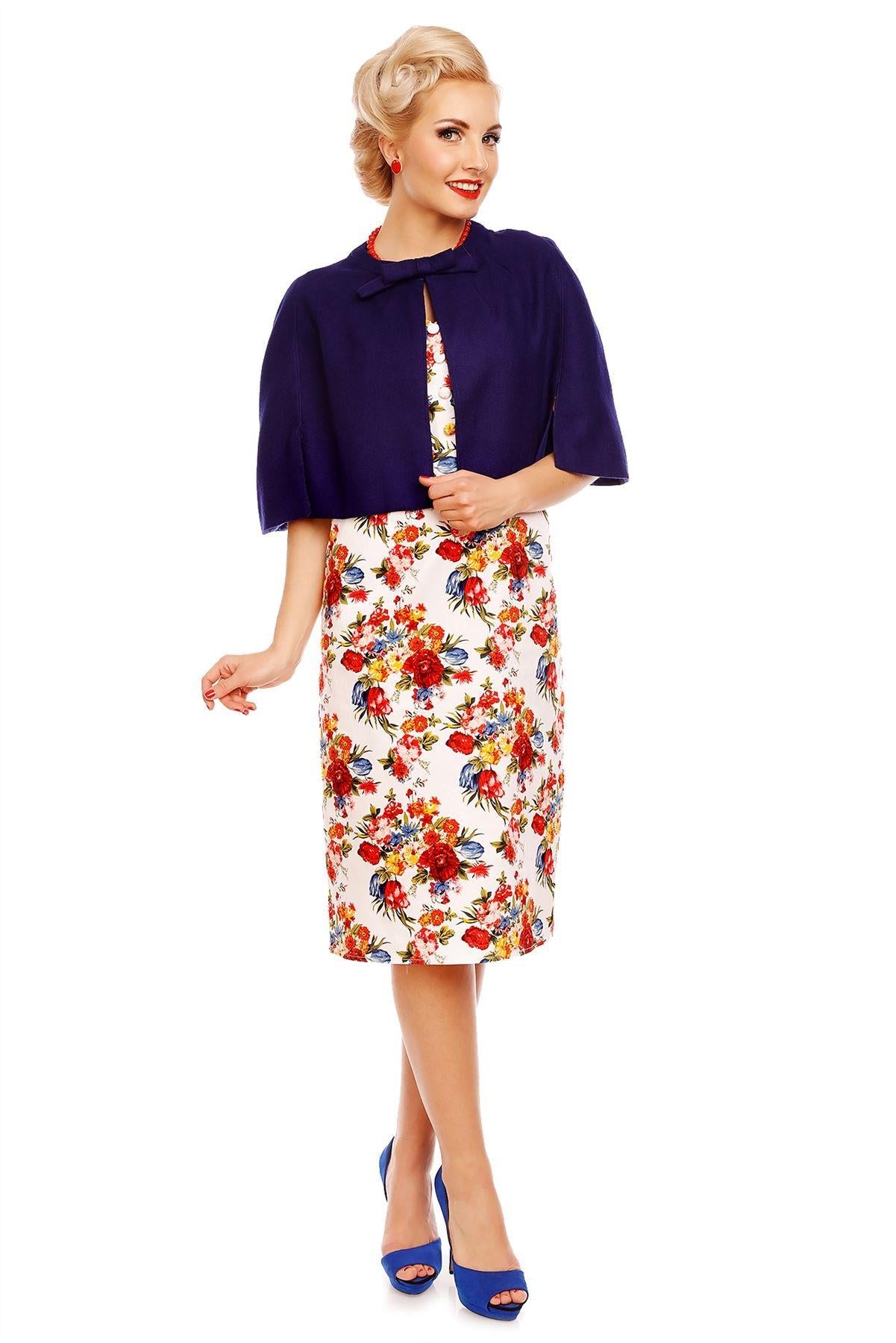 Daisy Floral Sleeve Pocket Pencil Dress in White-Red