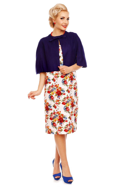 Daisy Floral Sleeve Pocket Pencil Dress in White-Red