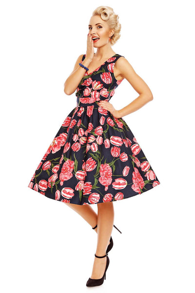 May V-neck Tulip Floral Swing Dress in Navy/Pink