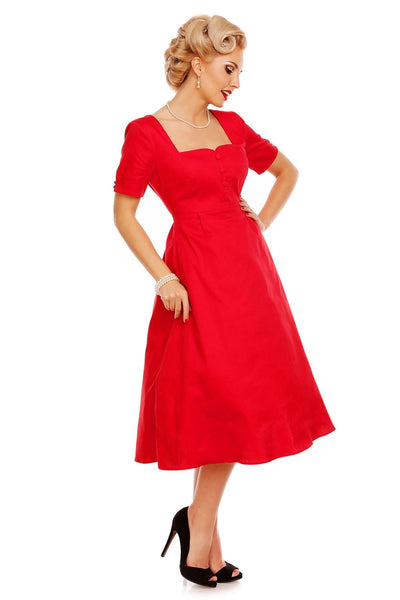 Florence Classic Swing Dress With Sleeves In Plain Red