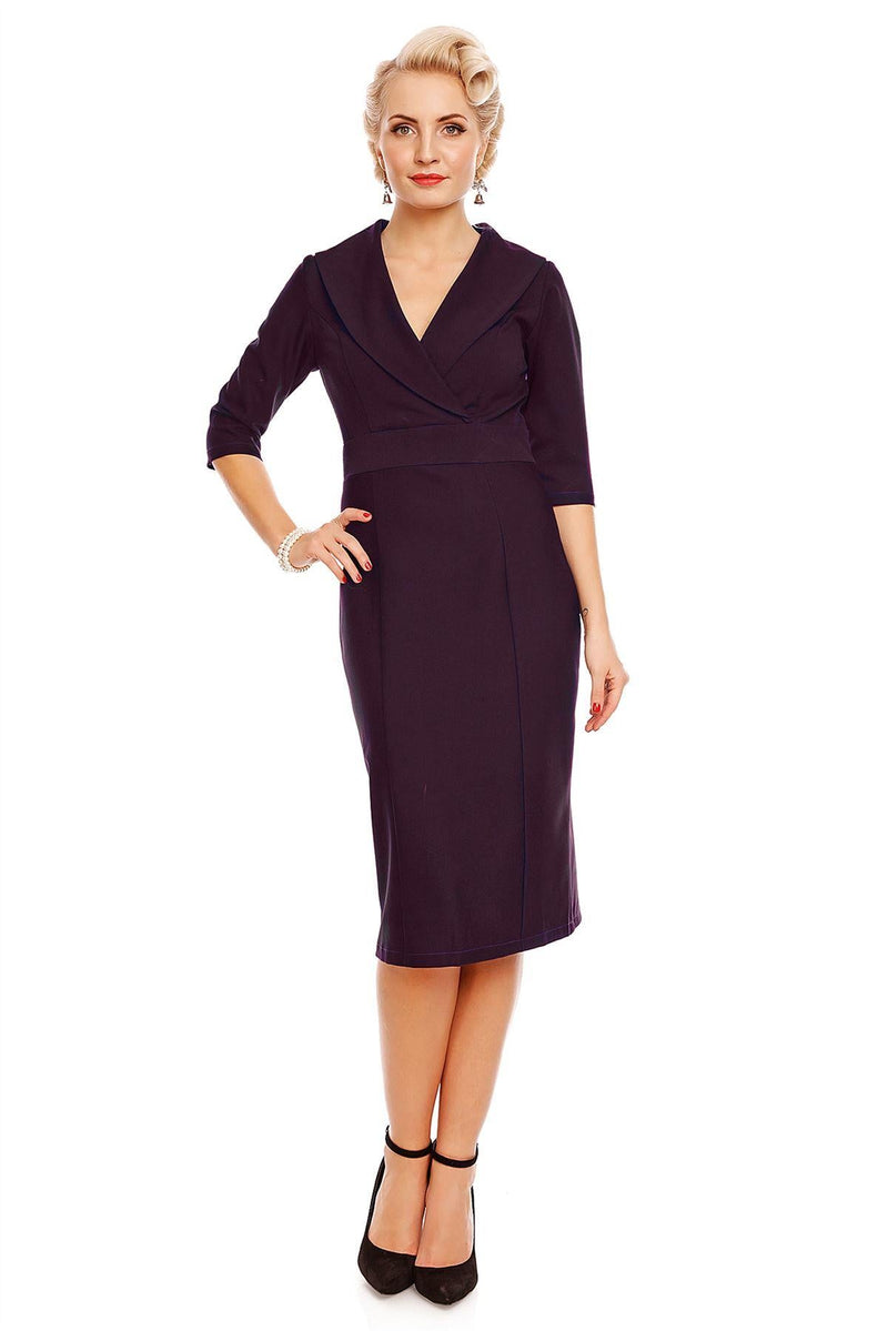 Venus Van Chic - Fiona Fitted Wrap Collar Vintage Dress in Purple