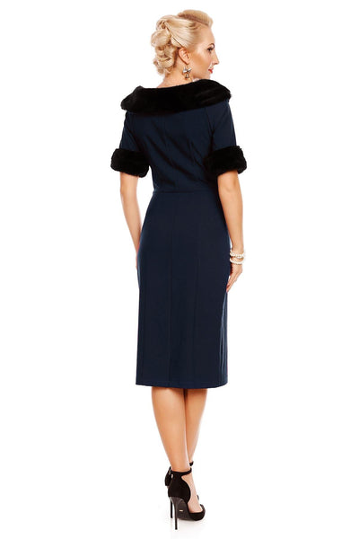 Venus Van Chic - Valerie Faux Fur Fitted Dress in Navy Blue