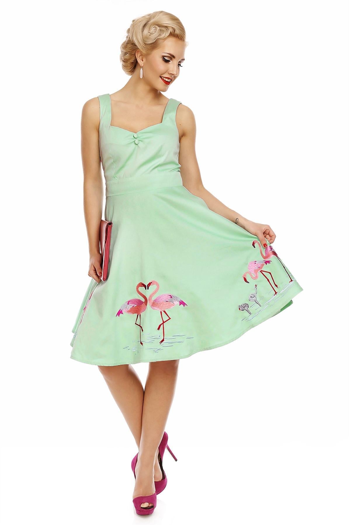 Natalie Retro Swing Flamingo Story Dress in Green