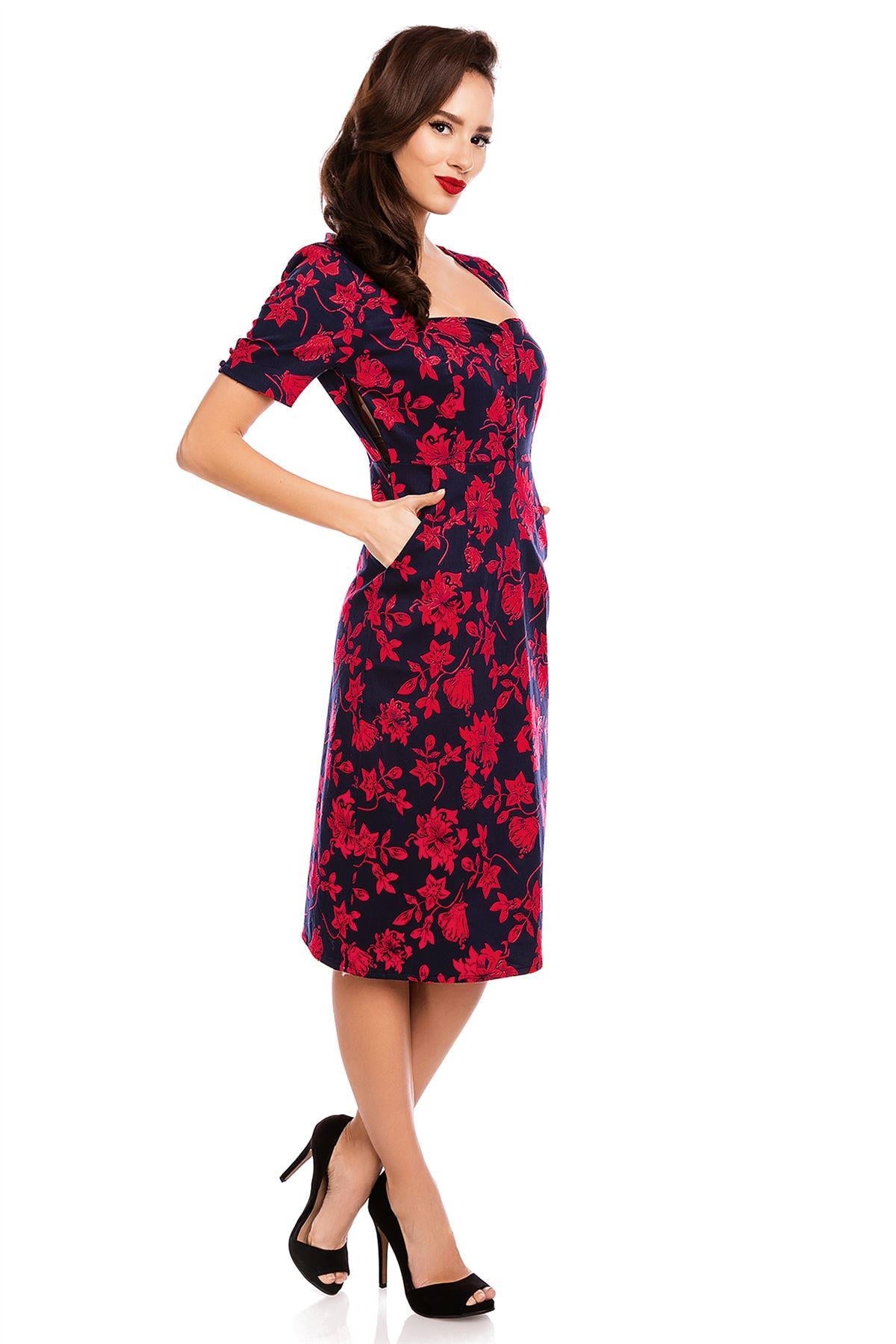 Daisy Floral Sleeve Pocket Pencil Dress in Navy-Red
