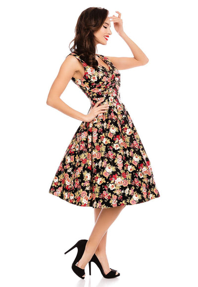 May V-neck 50s Style Floral Dress in Black-Pink