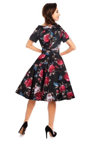 Retro Floral Roses Swing Dress in Black