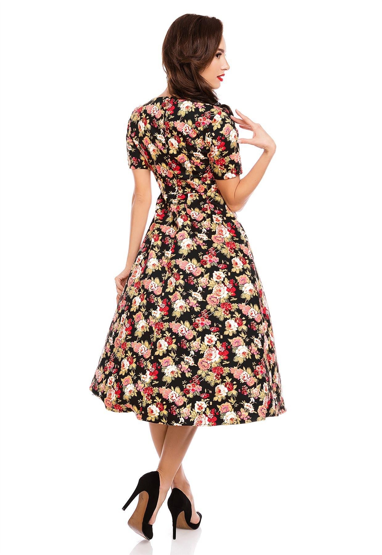 Florence Classic Vintage Style Swing Dress With Sleeves In Black Floral