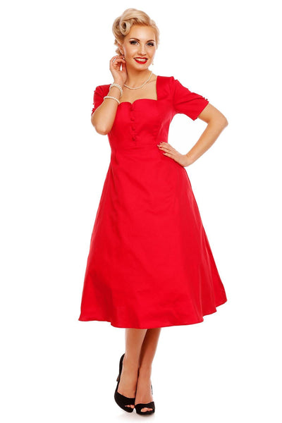 Florence Classic Swing Dress With Sleeves In Plain Red