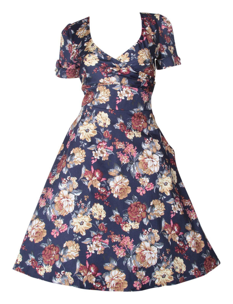 Kathy Short Sleeves Floral Swing Dress in Blue