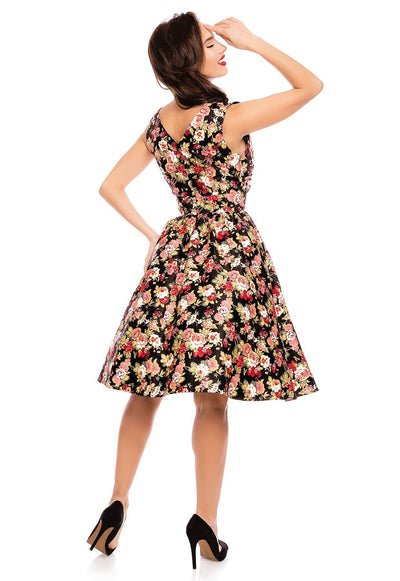 May V-neck 50s Style Floral Dress in Black-Pink