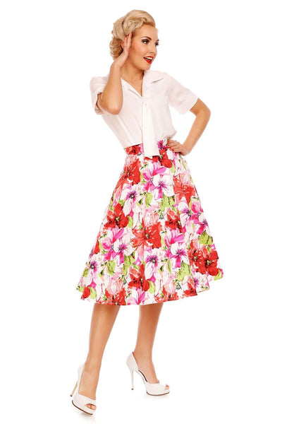 Blossom Pocketed Floral Flared Skirt in White-Pink