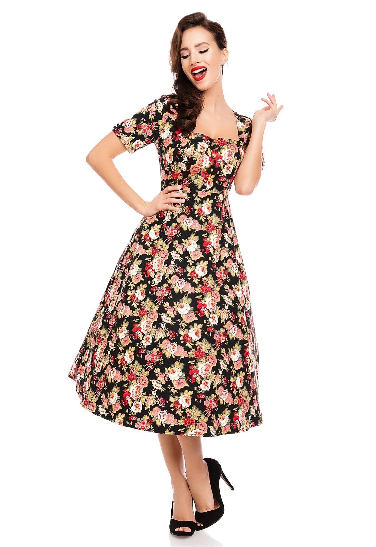 Florence Classic Vintage Style Swing Dress With Sleeves In Black Floral