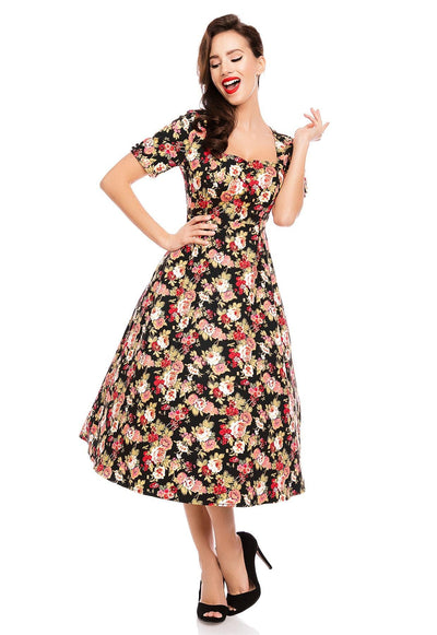 Florence Classic Vintage Style Swing Dress With Sleeves In Black Floral