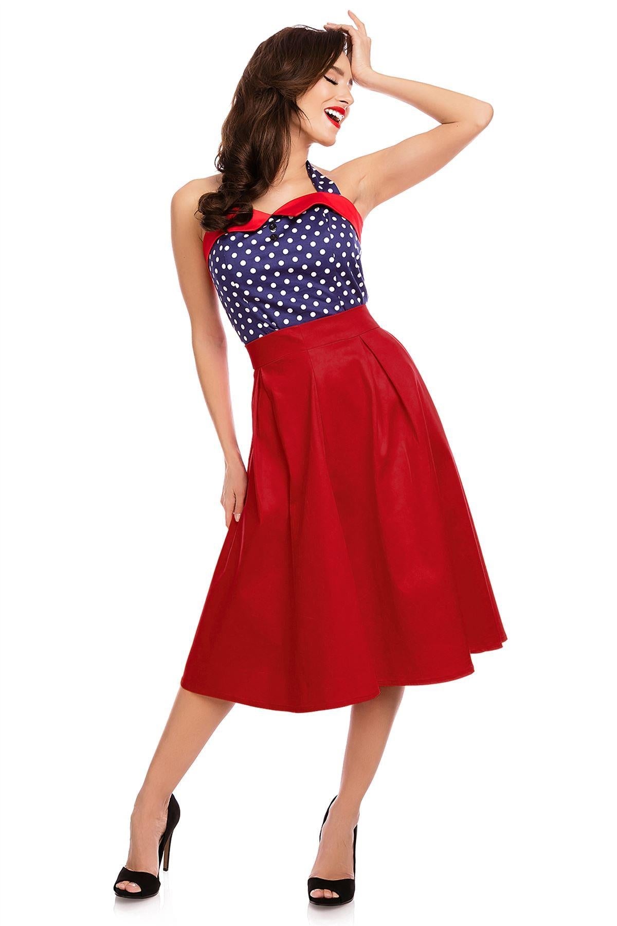 Ruth High Waisted Pleated Skater Skirt in Red