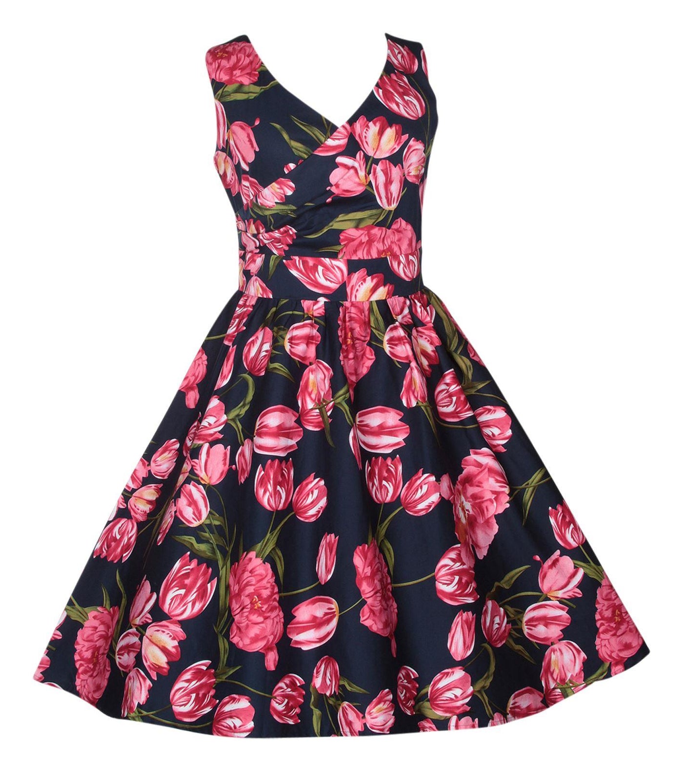 May V-neck Tulip Floral Swing Dress in Navy/Pink