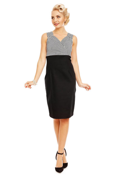 Cheryl Fitted Striped Vintage Pencil Dress in Black-White