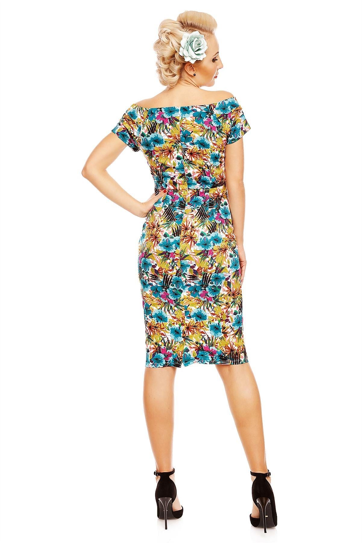 Woman's Floral Sleeved Pencil Dress in Mustard/Blue Multi
