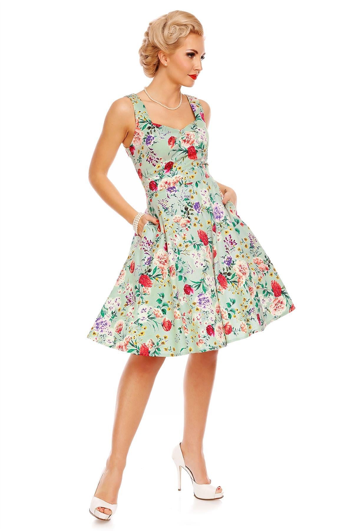 Natalie Retro Floral Swing Dress in Green Floral