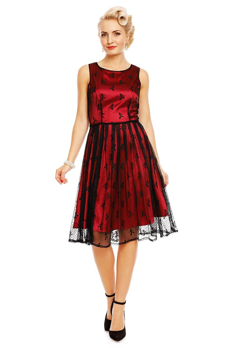 Annie Retro Lace Bow Print Swing Dress in Red-Black