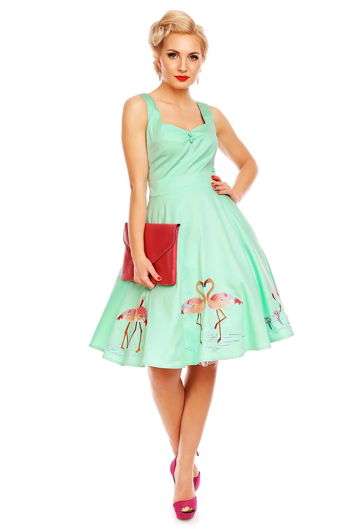 Natalie Retro Swing Flamingo Story Dress in Green