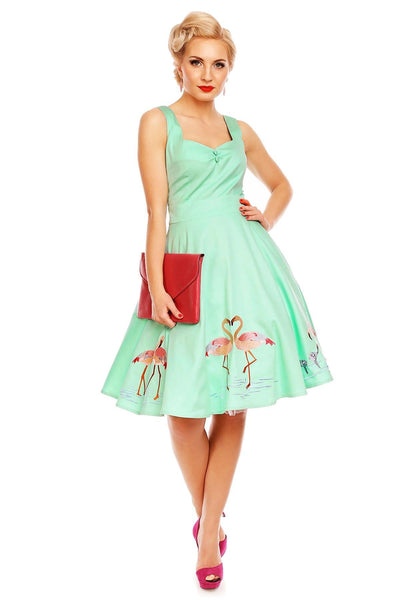Natalie Retro Swing Flamingo Story Dress in Green