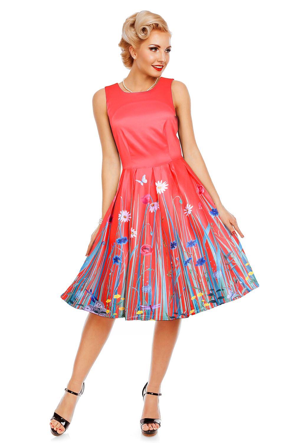 Annie Retro Meadow Floral Print Swing Dress in Red