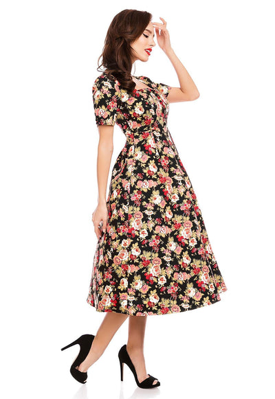 Florence Classic Vintage Style Swing Dress With Sleeves In Black Floral