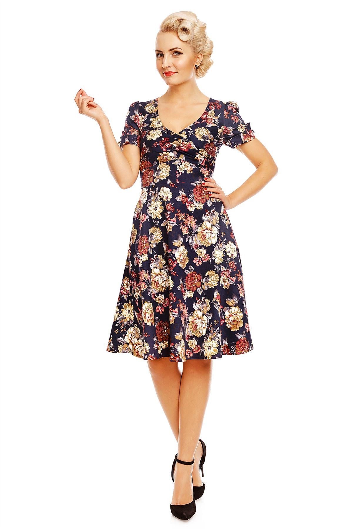 Kathy Short Sleeves Floral Swing Dress in Blue